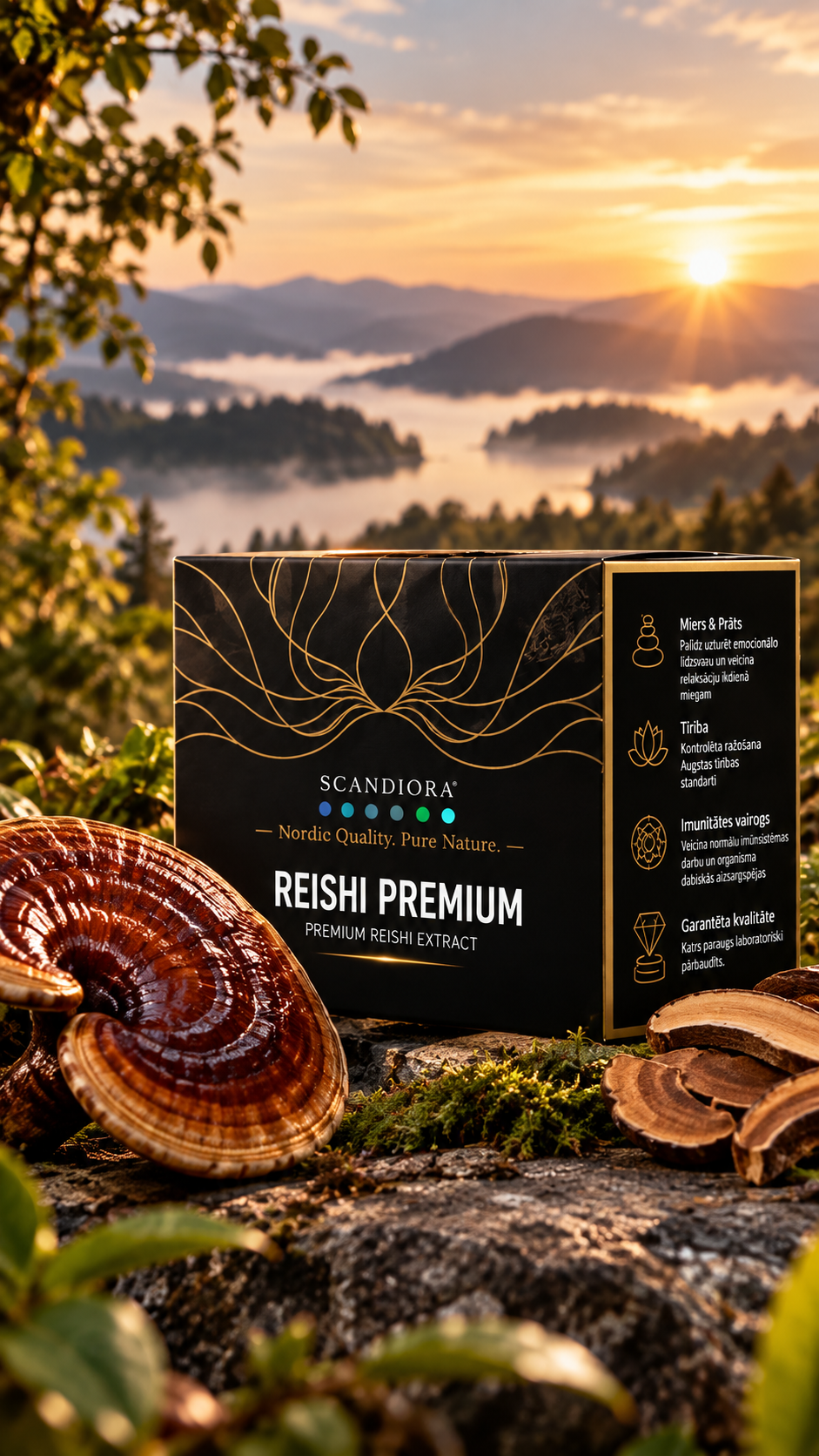 AI produktu aina — Scandiora Reishi Premium kaste dabā