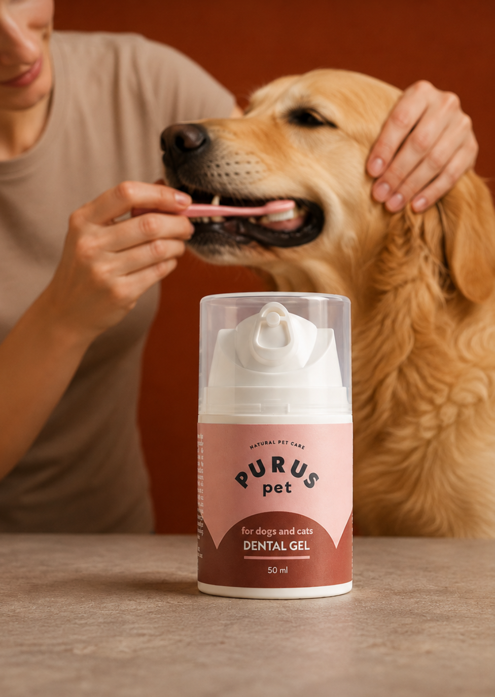 AI ģenerēts produktu attēls — Purus Pet zobu gels