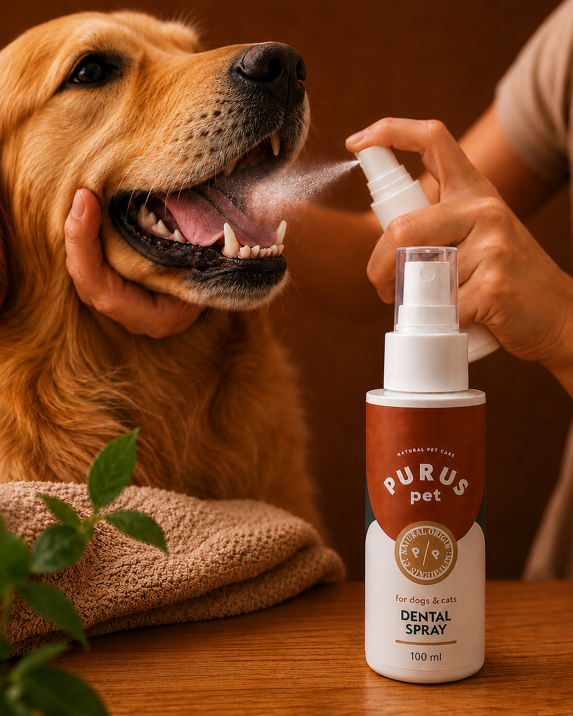 AI mājdzīvnieku aina — Purus pet zobu aerosols sunim