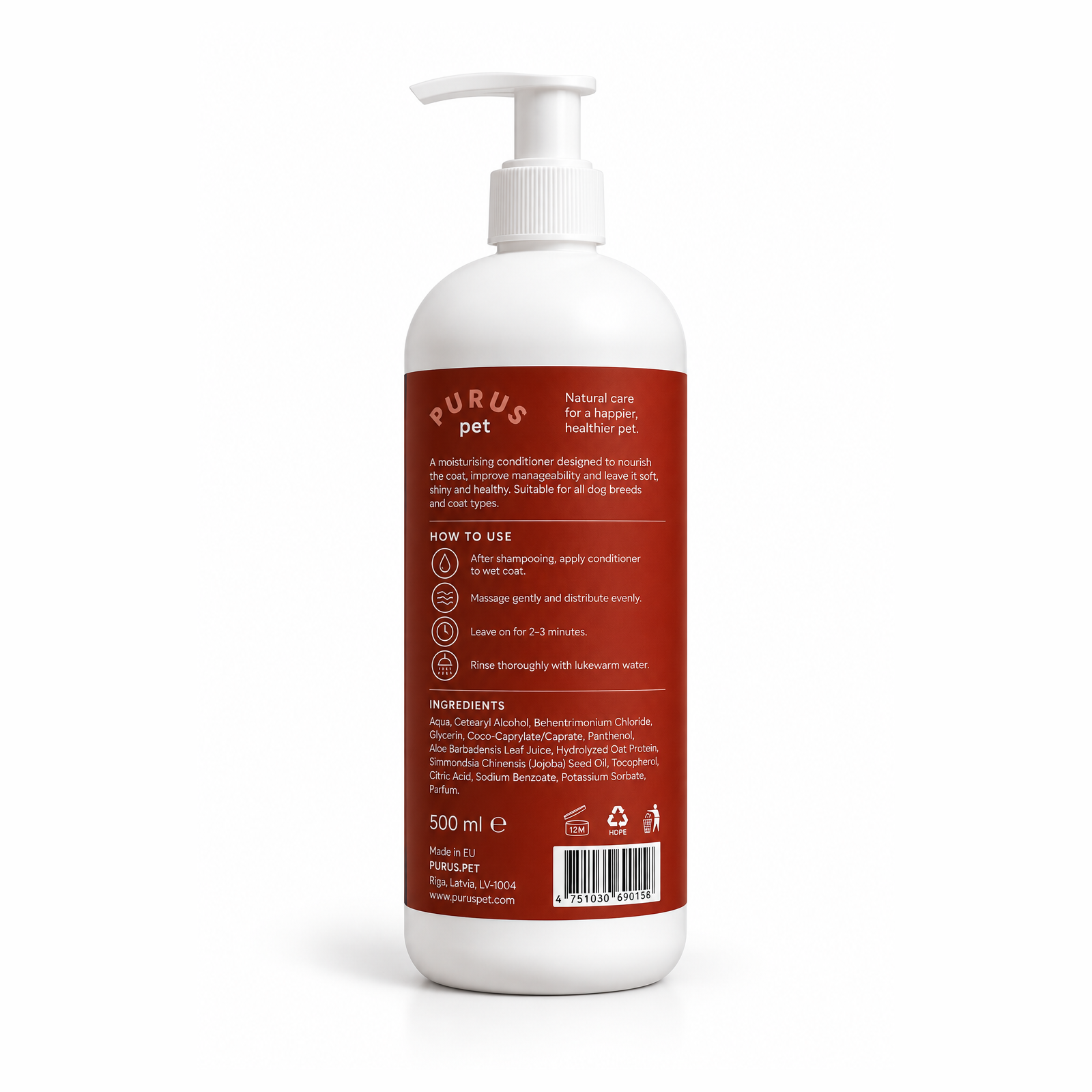 Purus Pet kondicioniera produkta foto no aizmugures