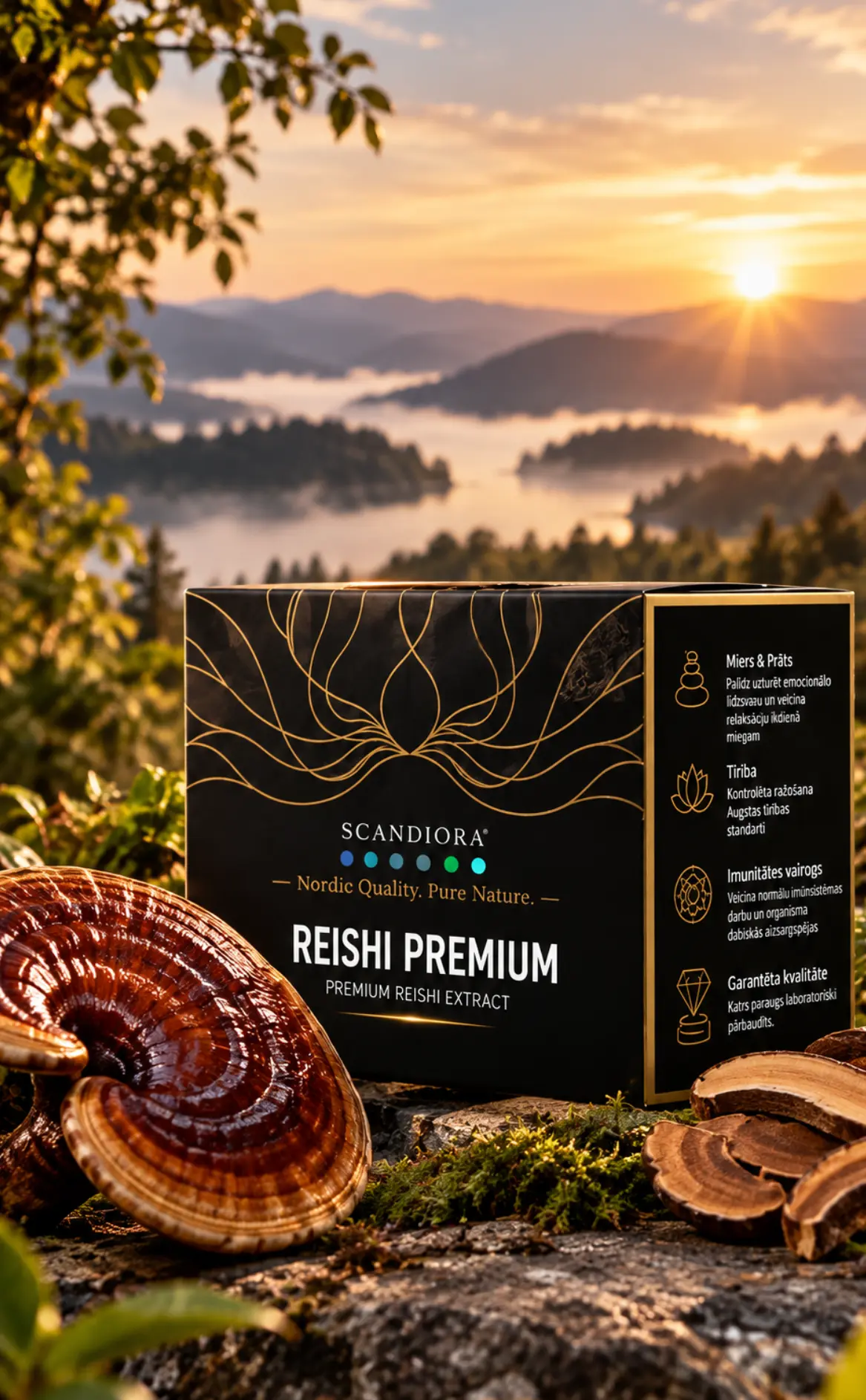 AI ģenerēts produktu attēls — Scandiora Reishi Premium