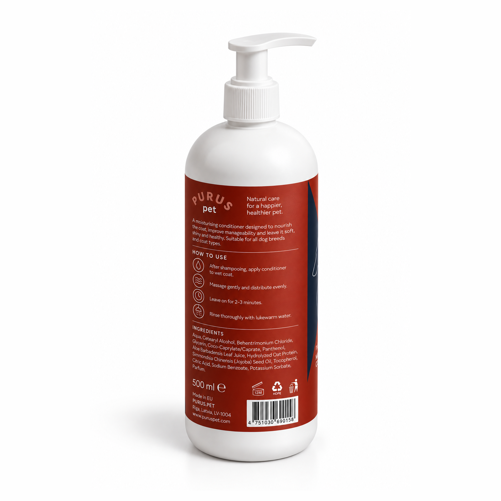 Purus Pet kondicioniera produkta foto no aizmugures slīpā leņķī